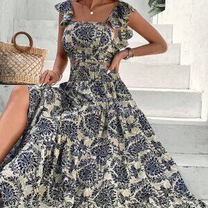 Women's Set L Cream Medallion Print Cap Sleeve Crop Top Maxi Skirt Pull On Comfy